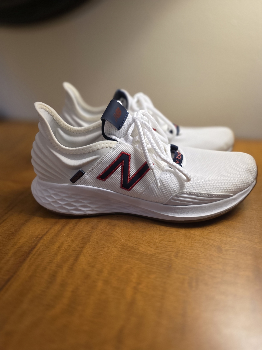 New Balance White Sneakers with Navy and Red Accent